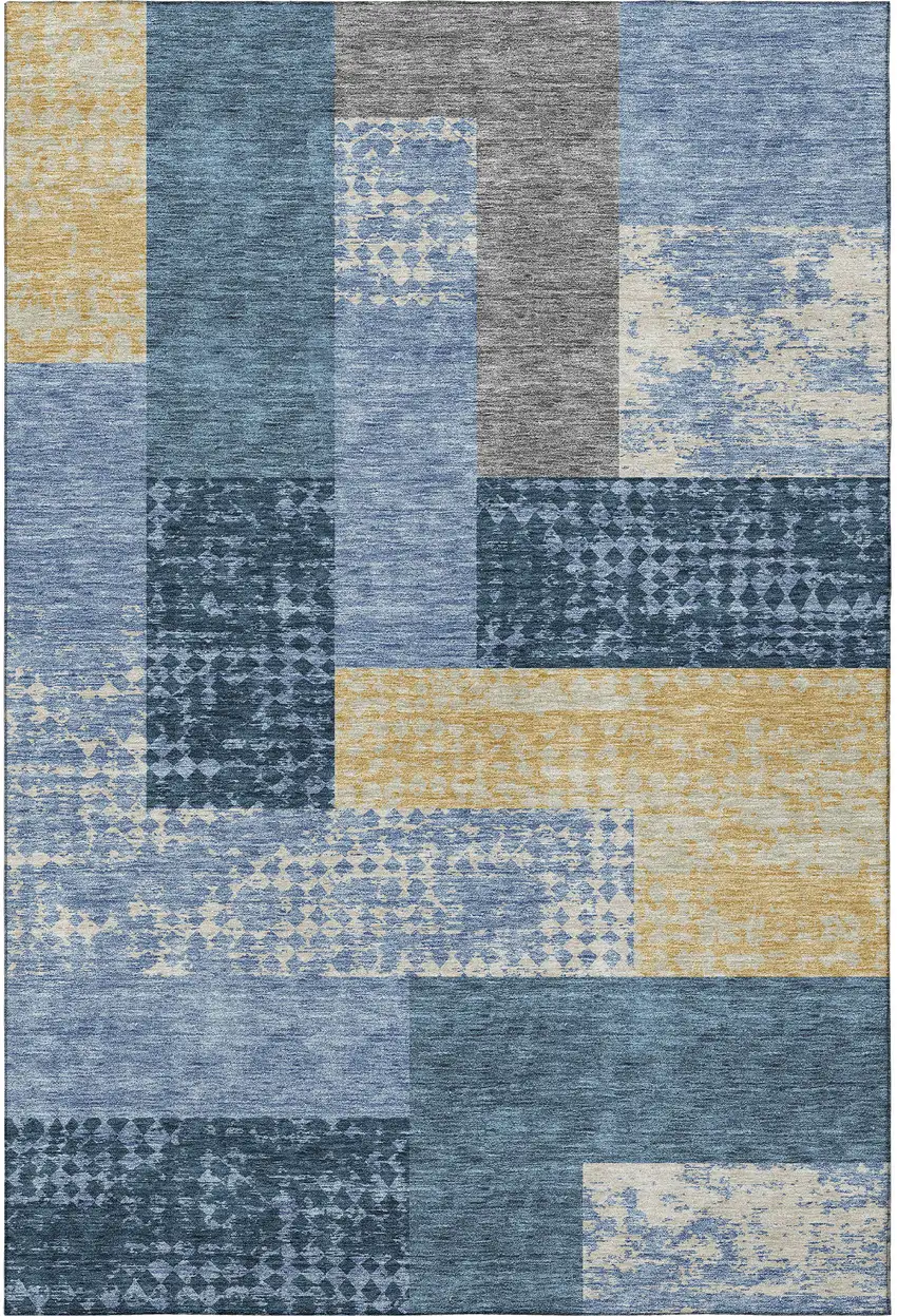 Denim Blue Ivory And Gold Geometric Washable Area Rug With UV Protection Photo 3