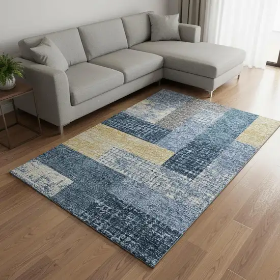 Denim Blue Ivory And Gold Geometric Washable Area Rug With UV Protection Photo 2