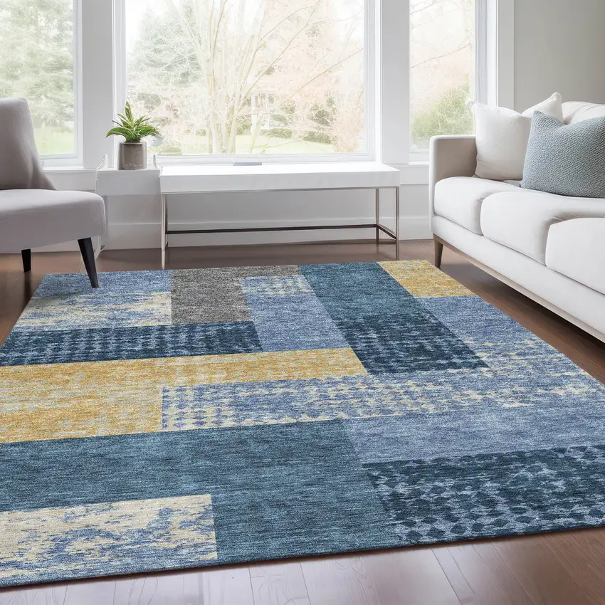 Denim Blue Ivory And Gold Geometric Washable Area Rug With UV Protection Photo 5