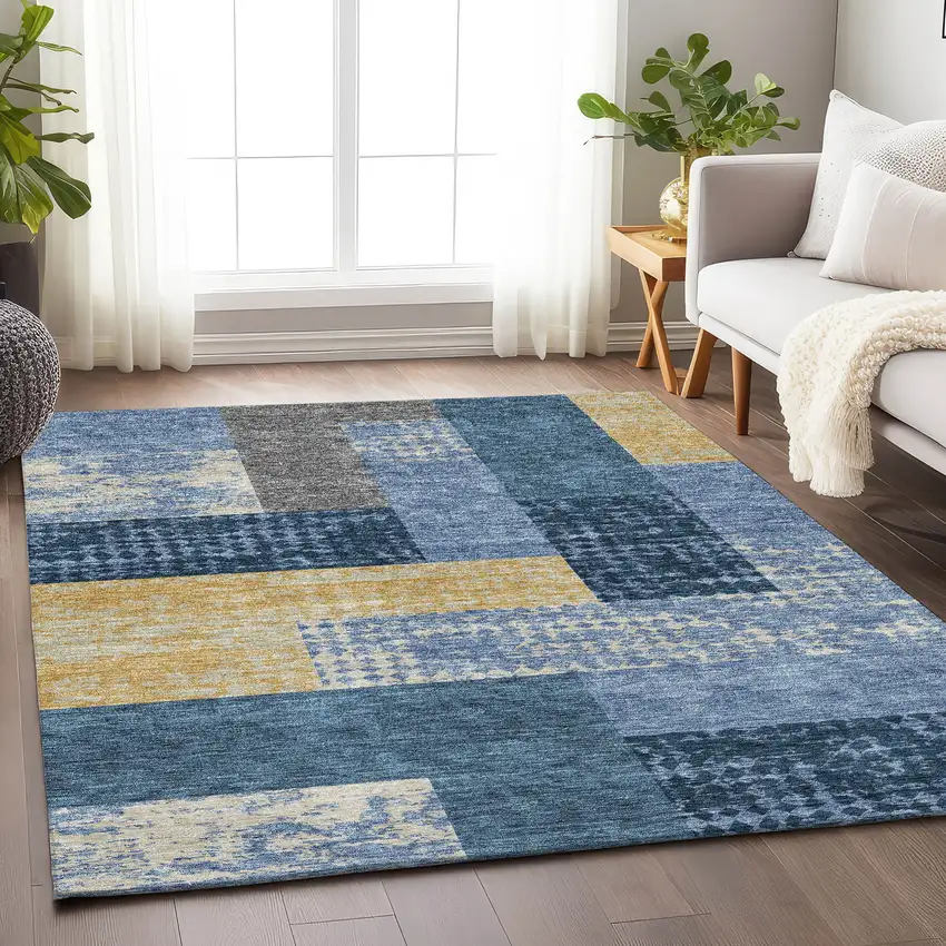 Denim Blue Ivory And Gold Geometric Washable Area Rug With UV Protection Photo 4