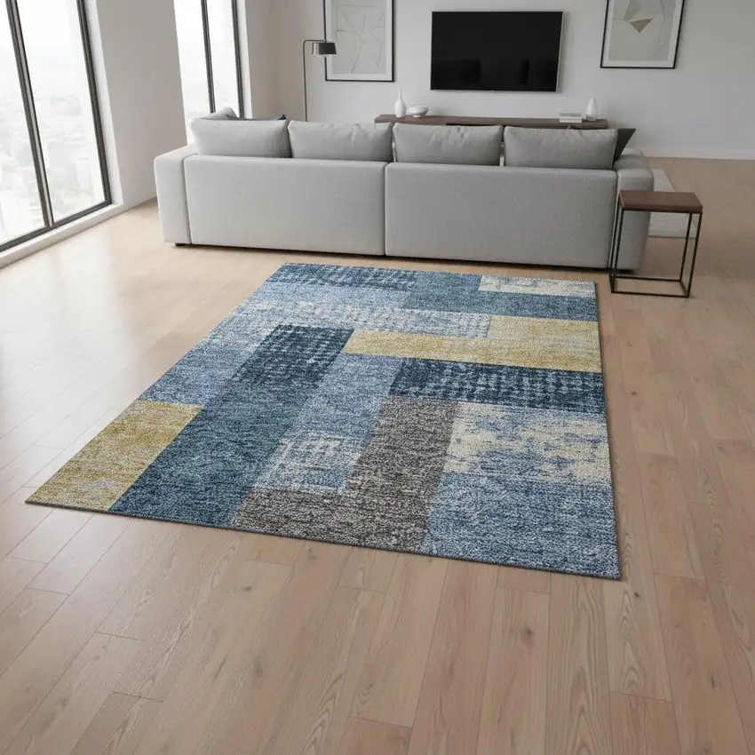 Denim Blue Ivory And Gold Geometric Washable Area Rug With UV Protection Photo 2
