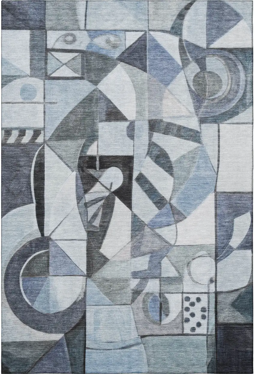 Denim Blue Ivory And Gray Abstract Washable Area Rug With UV Protection Photo 3