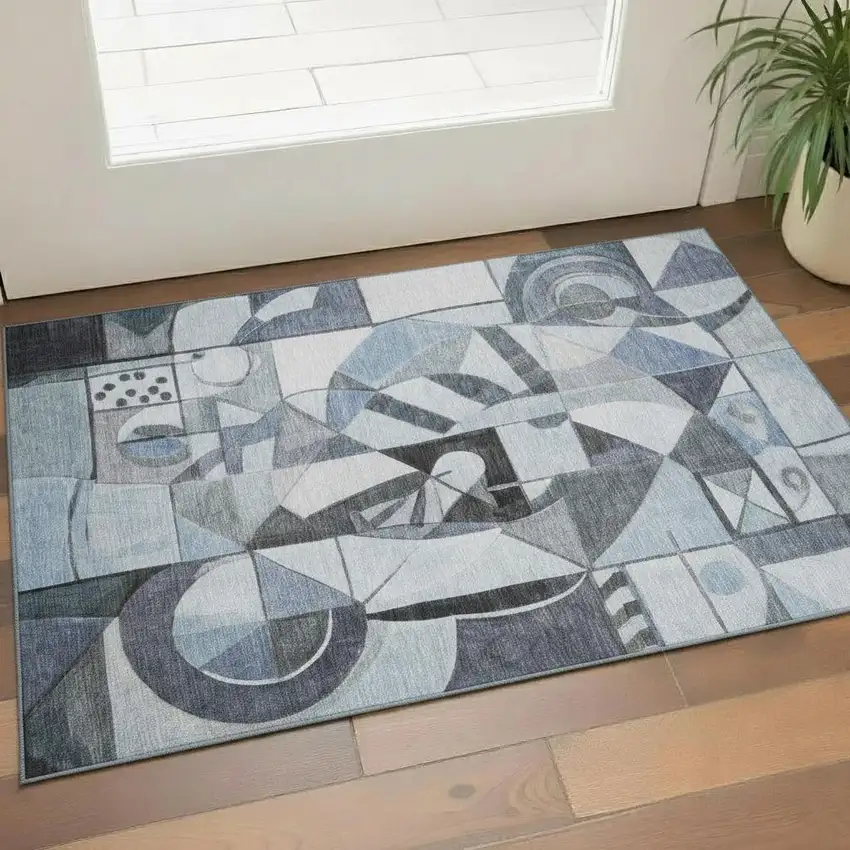 Denim Blue Ivory And Gray Abstract Washable Area Rug With UV Protection Photo 2