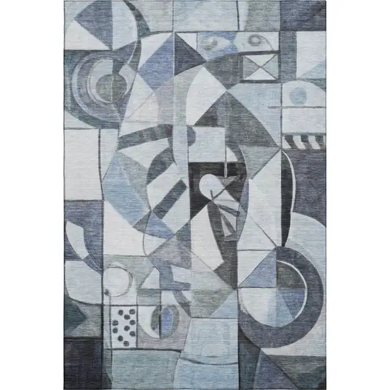 Denim Blue Ivory And Gray Abstract Washable Area Rug With UV Protection Photo 1
