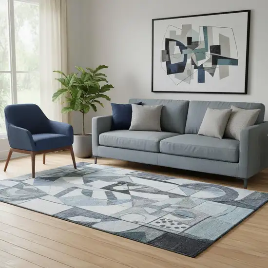 Denim Blue Ivory And Gray Abstract Washable Area Rug With UV Protection Photo 2