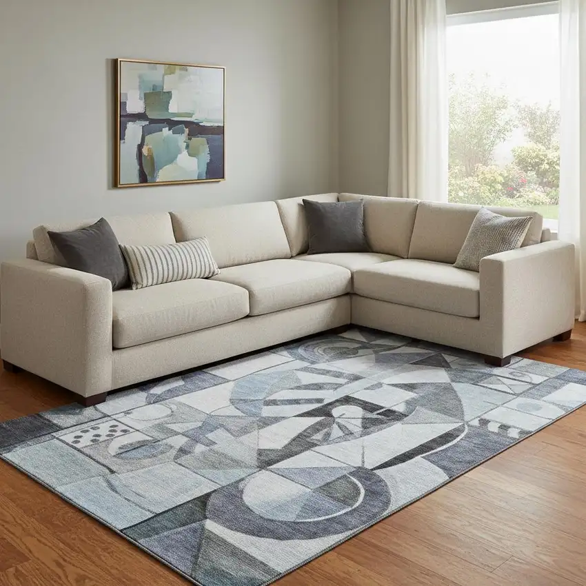 Denim Blue Ivory And Gray Abstract Washable Area Rug With UV Protection Photo 2