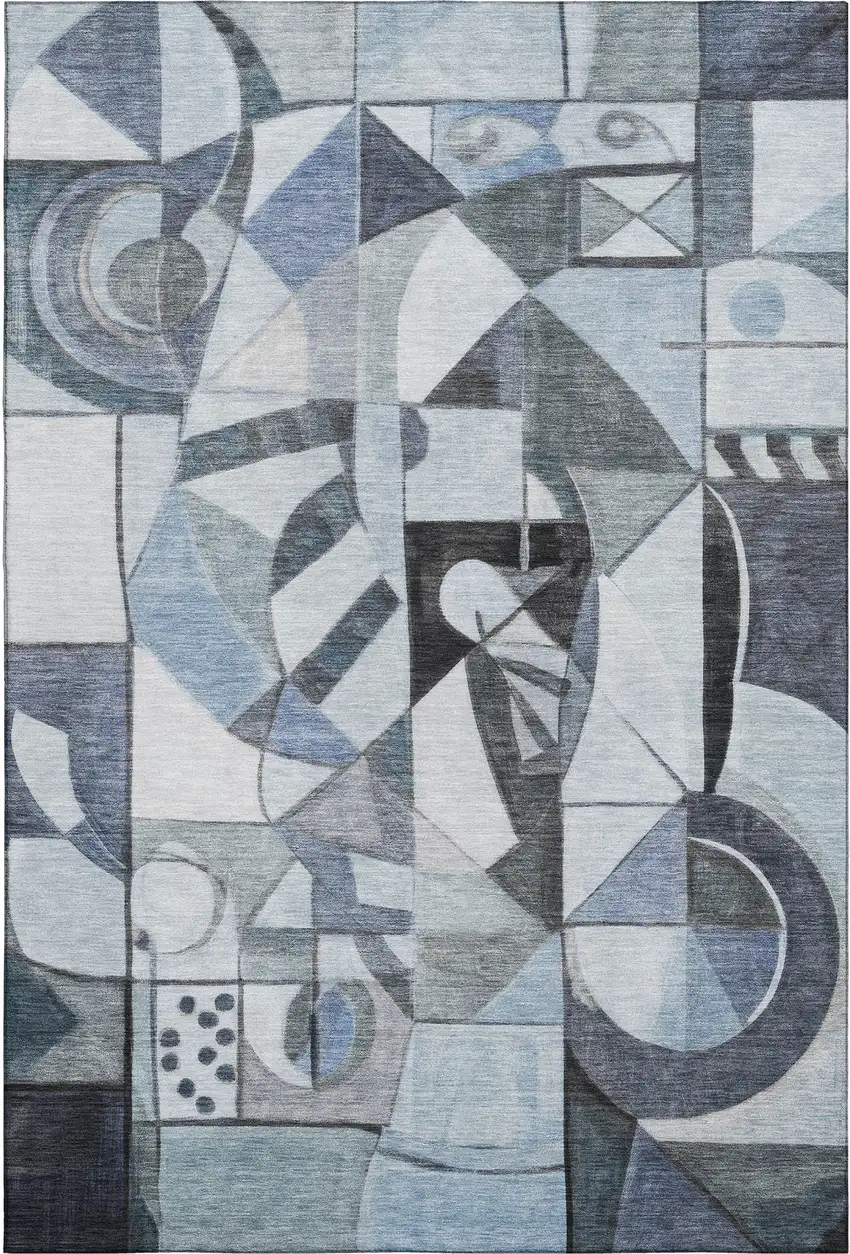 Denim Blue Ivory And Gray Abstract Washable Area Rug With UV Protection Photo 1