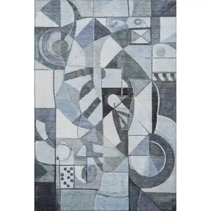 Photo of Denim Blue Ivory And Gray Abstract Washable Area Rug With UV Protection