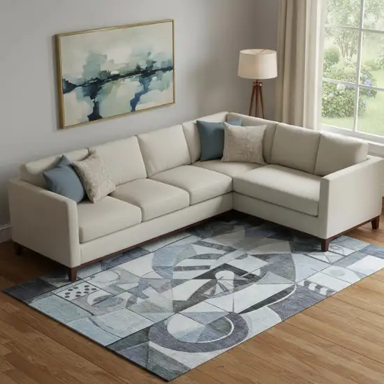 Denim Blue Ivory And Gray Abstract Washable Area Rug With UV Protection Photo 2