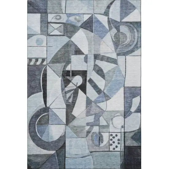 Denim Blue Ivory And Gray Abstract Washable Area Rug With UV Protection Photo 3
