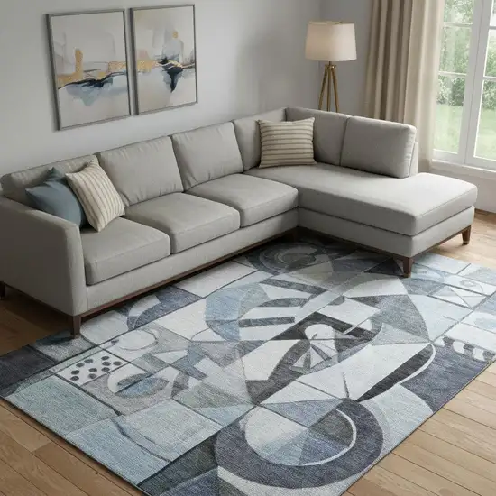 Denim Blue Ivory And Gray Abstract Washable Area Rug With UV Protection Photo 2