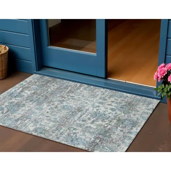 Denim Blue Ivory And Gray Abstract Washable Indoor Outdoor Area Rug Photo 2