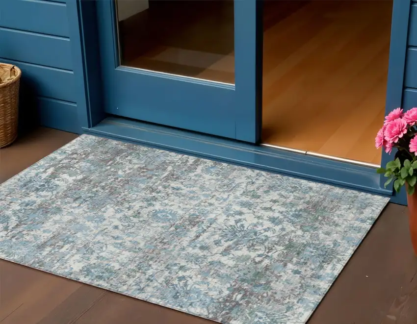 Denim Blue Ivory And Gray Abstract Washable Indoor Outdoor Area Rug Photo 2