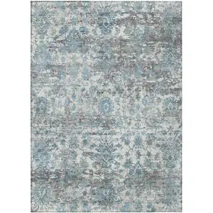 Photo of Denim Blue Ivory And Gray Abstract Washable Indoor Outdoor Area Rug