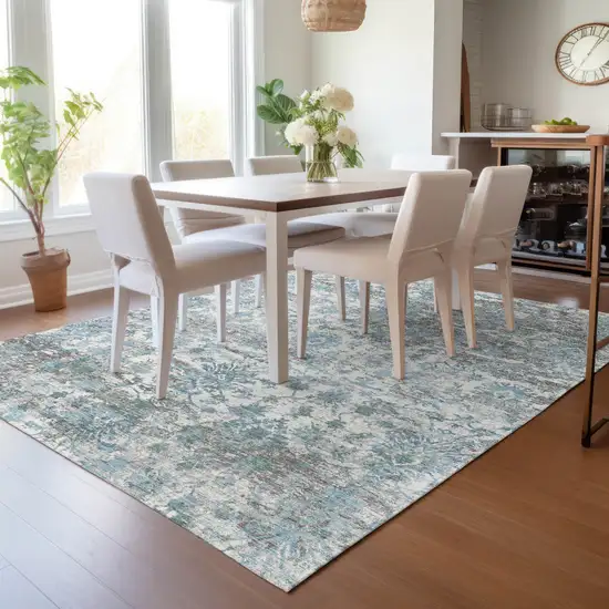 Denim Blue Ivory And Gray Abstract Washable Indoor Outdoor Area Rug Photo 8