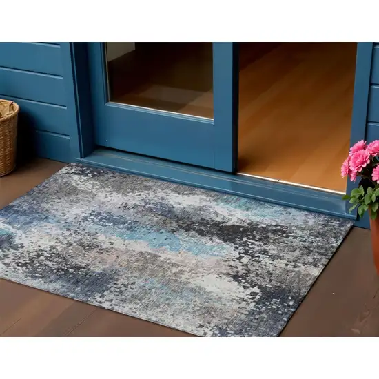 Denim Blue Ivory And Gray Abstract Washable Indoor Outdoor Area Rug Photo 1