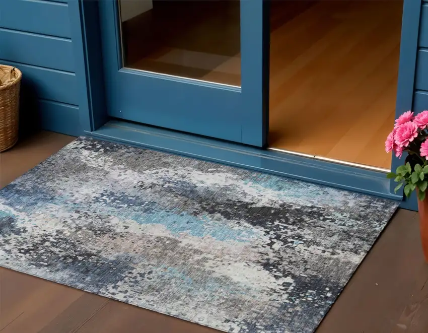 Denim Blue Ivory And Gray Abstract Washable Indoor Outdoor Area Rug Photo 1