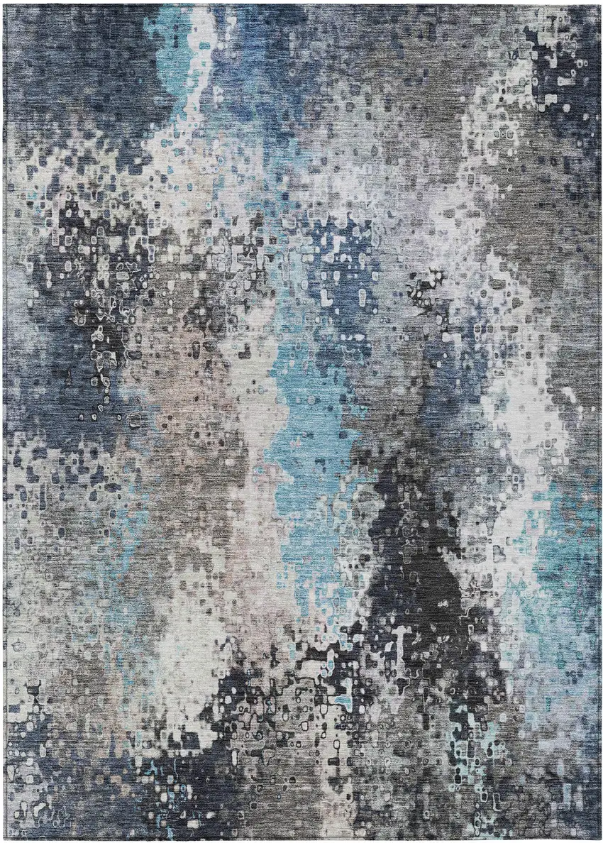 Denim Blue Ivory And Gray Abstract Washable Indoor Outdoor Area Rug Photo 2