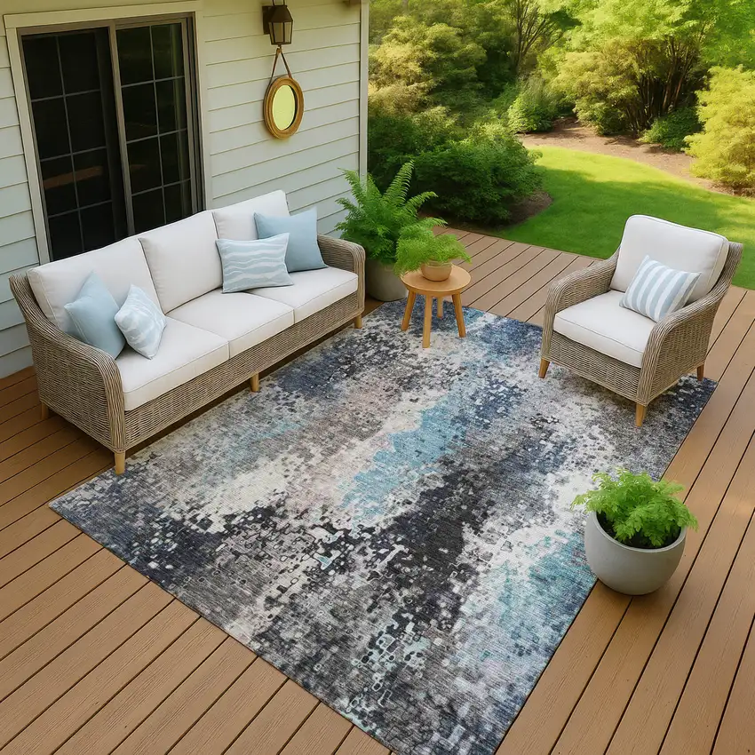 Denim Blue Ivory And Gray Abstract Washable Indoor Outdoor Area Rug Photo 7