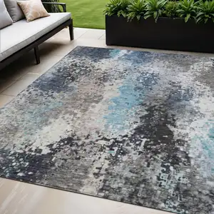 Photo of Denim Blue Ivory And Gray Abstract Washable Indoor Outdoor Area Rug
