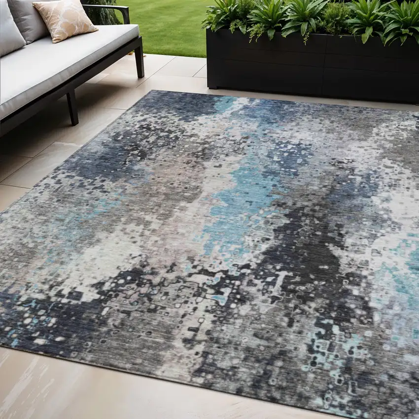 Denim Blue Ivory And Gray Abstract Washable Indoor Outdoor Area Rug Photo 1