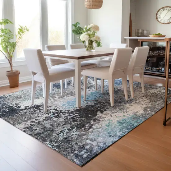 Denim Blue Ivory And Gray Abstract Washable Indoor Outdoor Area Rug Photo 8