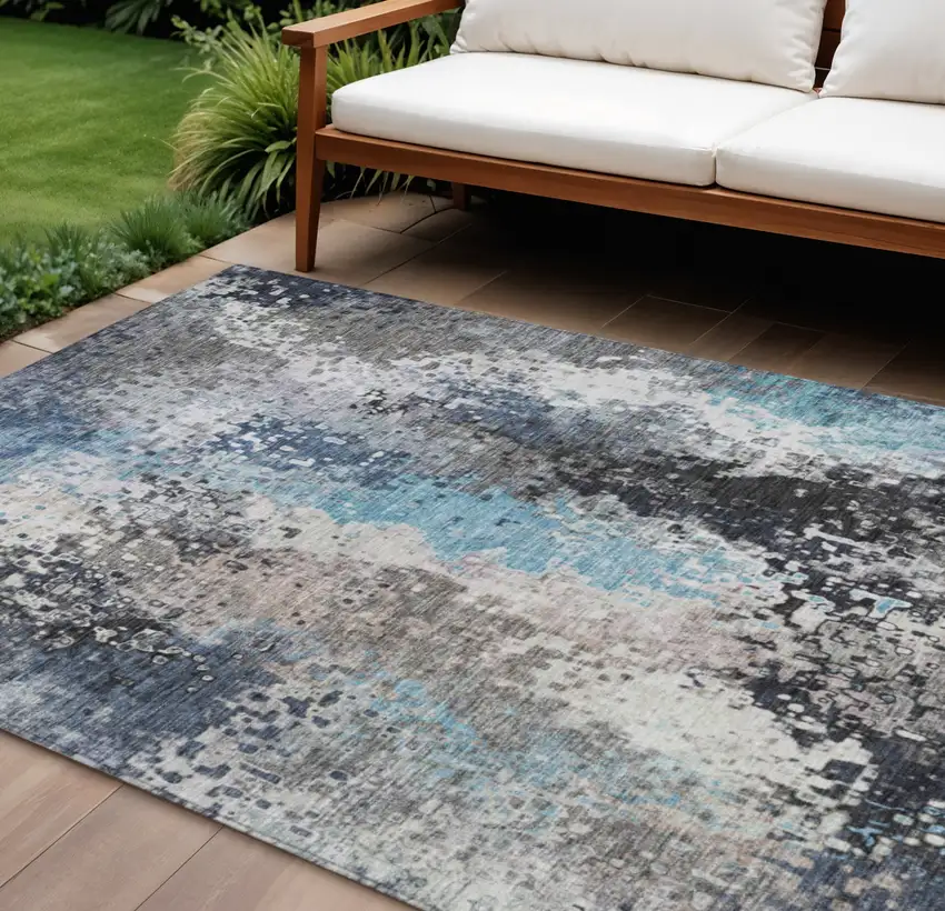 Denim Blue Ivory And Gray Abstract Washable Indoor Outdoor Area Rug Photo 1