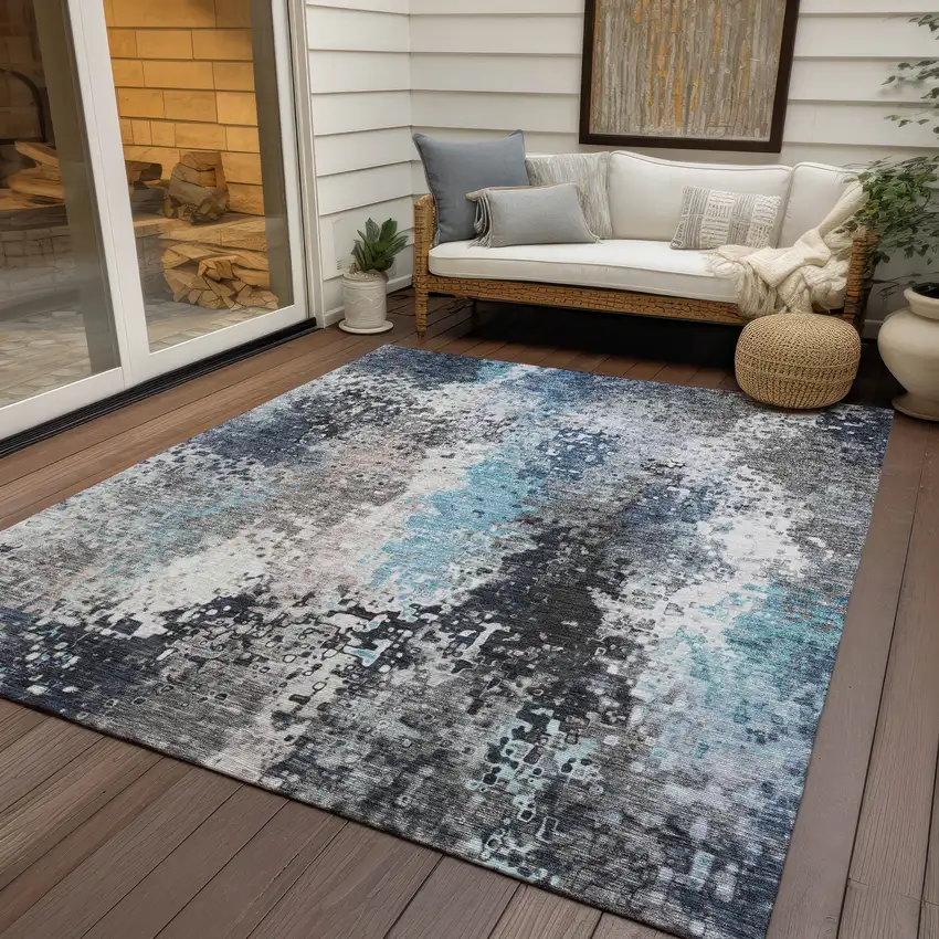 Denim Blue Ivory And Gray Abstract Washable Indoor Outdoor Area Rug Photo 9