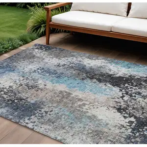 Photo of Denim Blue Ivory And Gray Abstract Washable Indoor Outdoor Area Rug