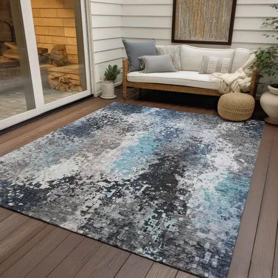 Denim Blue Ivory And Gray Abstract Washable Indoor Outdoor Area Rug Photo 9