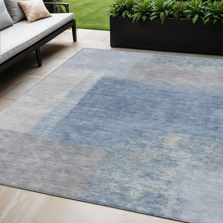 Denim Blue Ivory And Gray Abstract Washable Indoor Outdoor Area Rug Photo 1