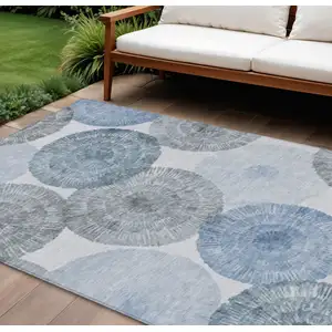 Photo of Denim Blue Ivory And Gray Abstract Washable Indoor Outdoor Area Rug