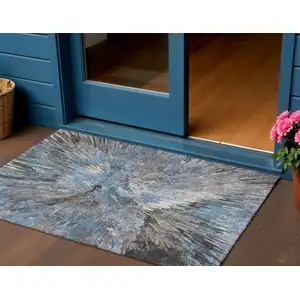 Photo of Denim Blue Ivory And Gray Abstract Washable Indoor Outdoor Area Rug