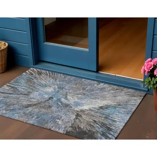 Denim Blue Ivory And Gray Abstract Washable Indoor Outdoor Area Rug Photo 1
