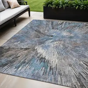Photo of Denim Blue Ivory And Gray Abstract Washable Indoor Outdoor Area Rug