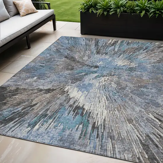 Denim Blue Ivory And Gray Abstract Washable Indoor Outdoor Area Rug Photo 1