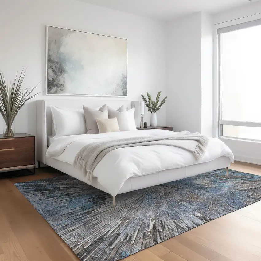 Denim Blue Ivory And Gray Abstract Washable Indoor Outdoor Area Rug Photo 9