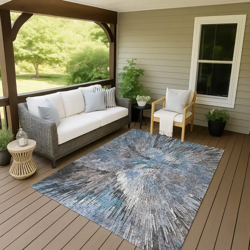 Denim Blue Ivory And Gray Abstract Washable Indoor Outdoor Area Rug Photo 8