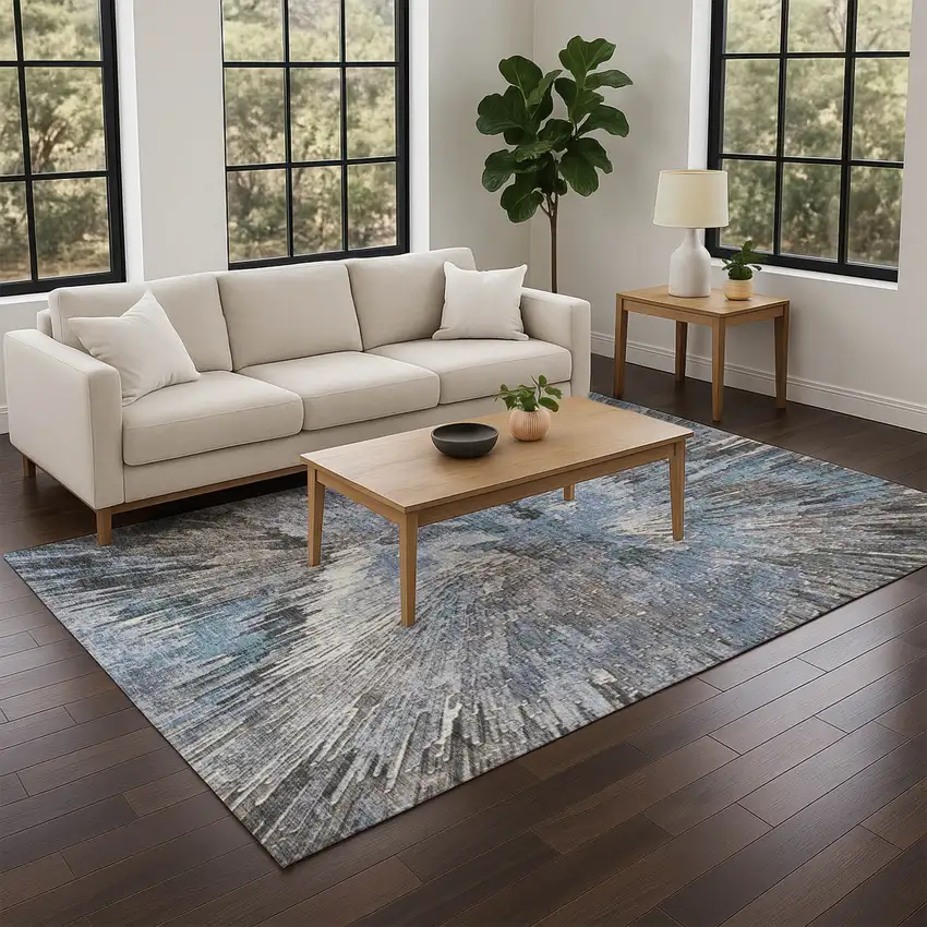 Denim Blue Ivory And Gray Abstract Washable Indoor Outdoor Area Rug Photo 7