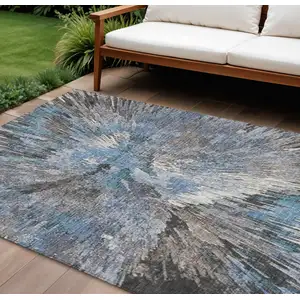 Photo of Denim Blue Ivory And Gray Abstract Washable Indoor Outdoor Area Rug