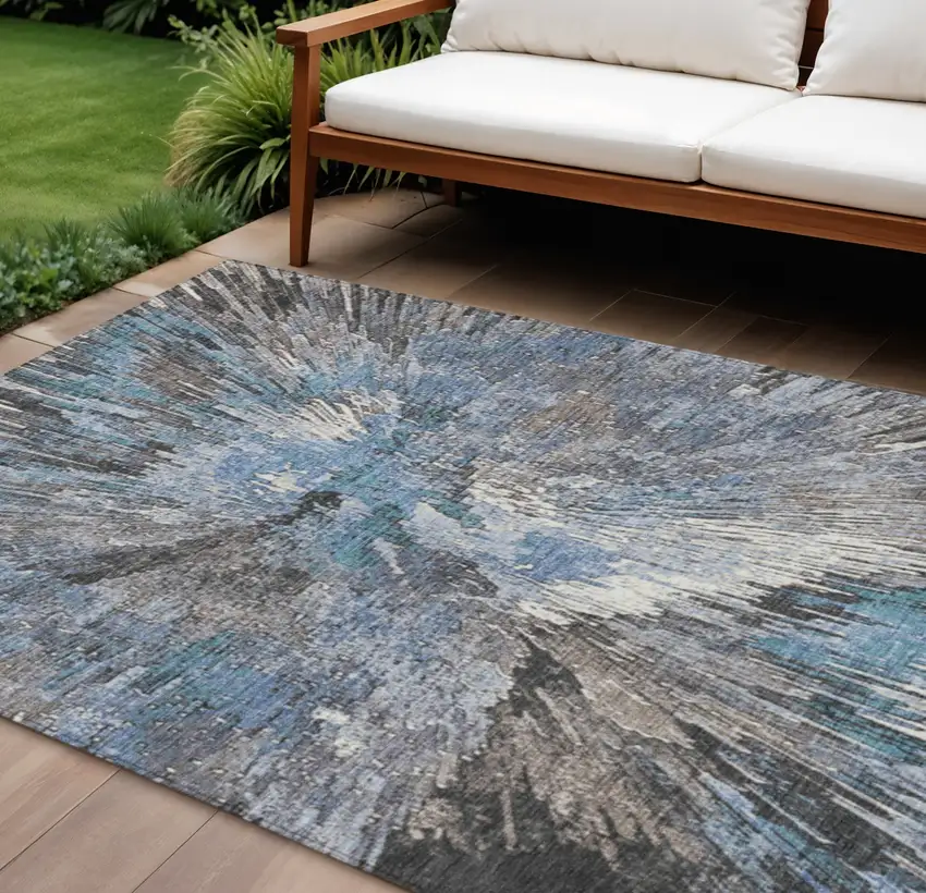 Denim Blue Ivory And Gray Abstract Washable Indoor Outdoor Area Rug Photo 1