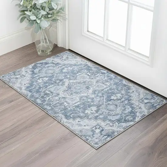 Denim Blue Ivory And Gray Floral Medallion Washable Area Rug With UV Protection Photo 2