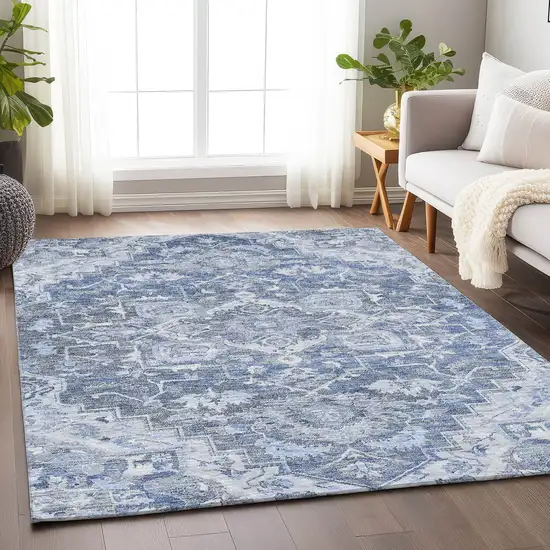 Denim Blue Ivory And Gray Floral Medallion Washable Area Rug With UV Protection Photo 5