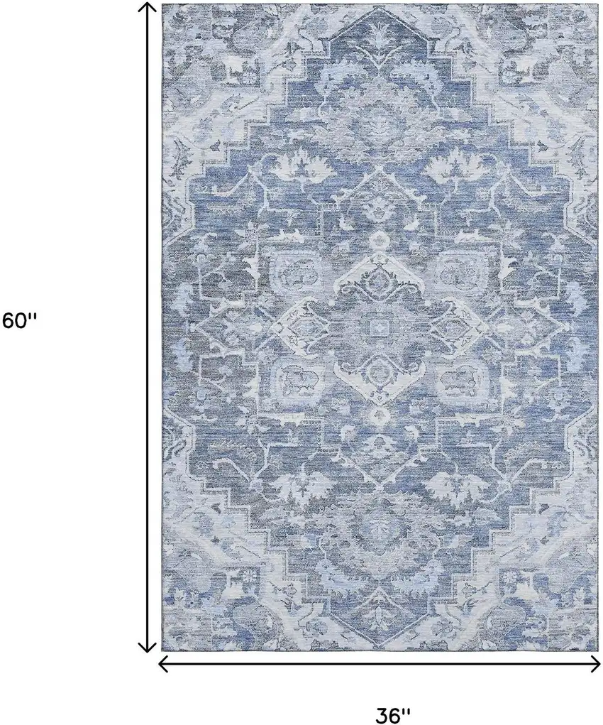 Denim Blue Ivory And Gray Floral Medallion Washable Area Rug With UV Protection Photo 3