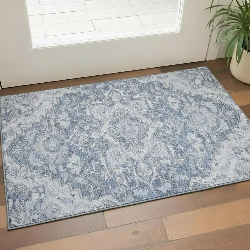 Denim Blue Ivory And Gray Floral Medallion Washable Area Rug With UV Protection Photo 1