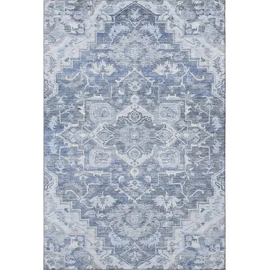 Denim Blue Ivory And Gray Floral Medallion Washable Area Rug With UV Protection Photo 3