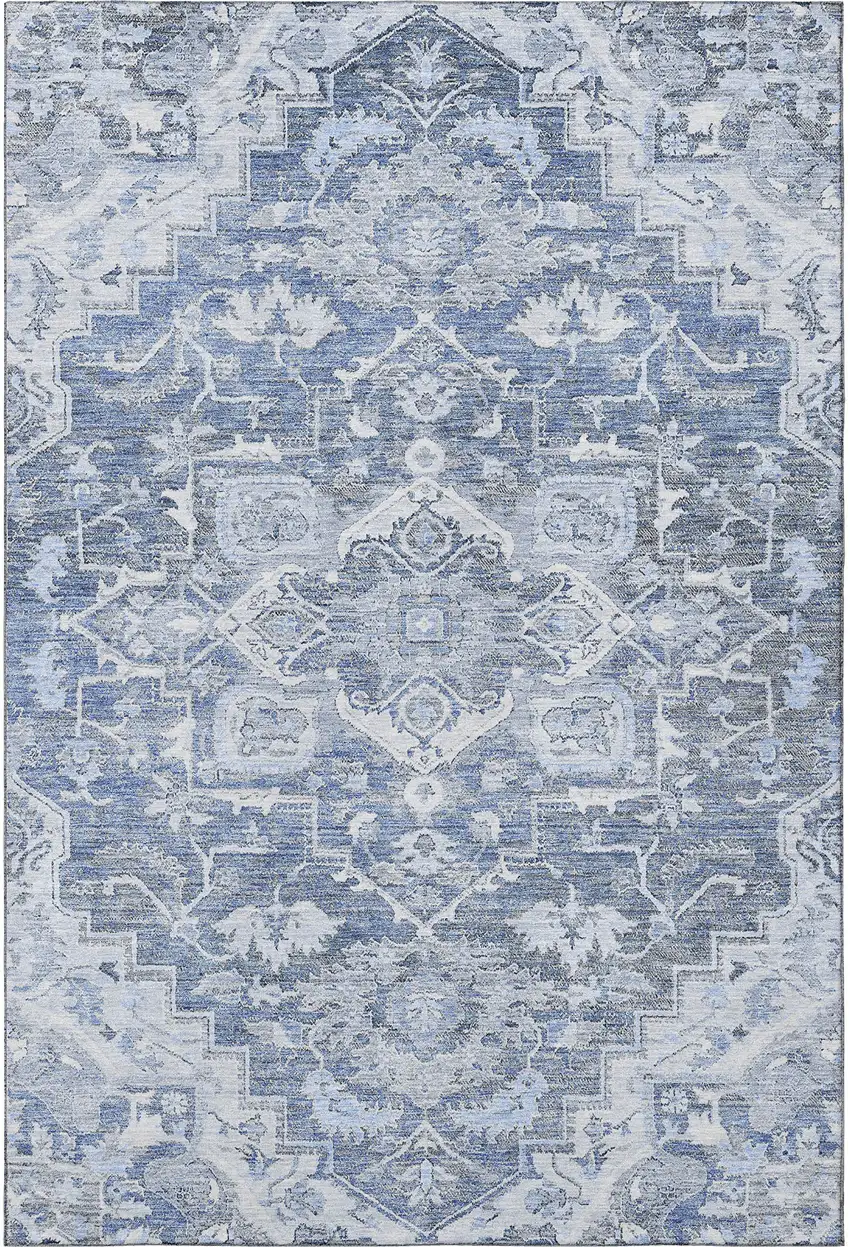 Denim Blue Ivory And Gray Floral Medallion Washable Area Rug With UV Protection Photo 3