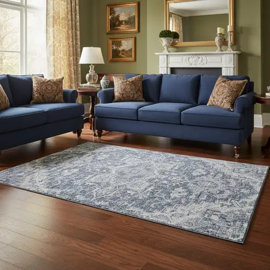 Denim Blue Ivory And Gray Floral Medallion Washable Area Rug With UV Protection Photo 2