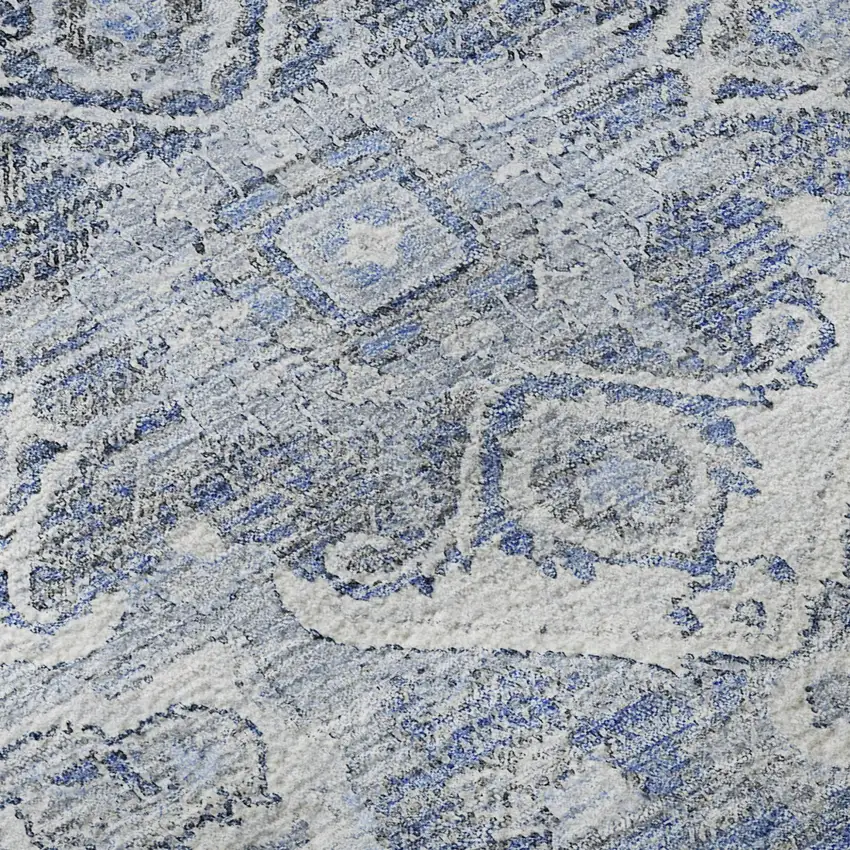 Denim Blue Ivory And Gray Floral Medallion Washable Area Rug With UV Protection Photo 8