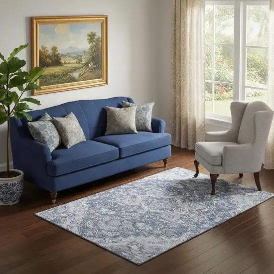 Denim Blue Ivory And Gray Floral Medallion Washable Area Rug With UV Protection Photo 1